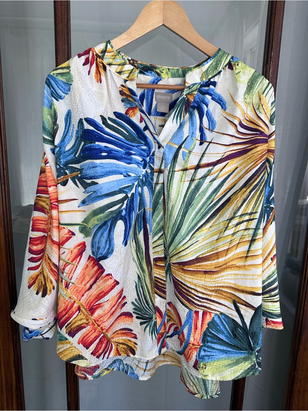 Chicos Collarless Dolman Sleeved Blouse Size 3 US 16 XL Split Neck Tropical